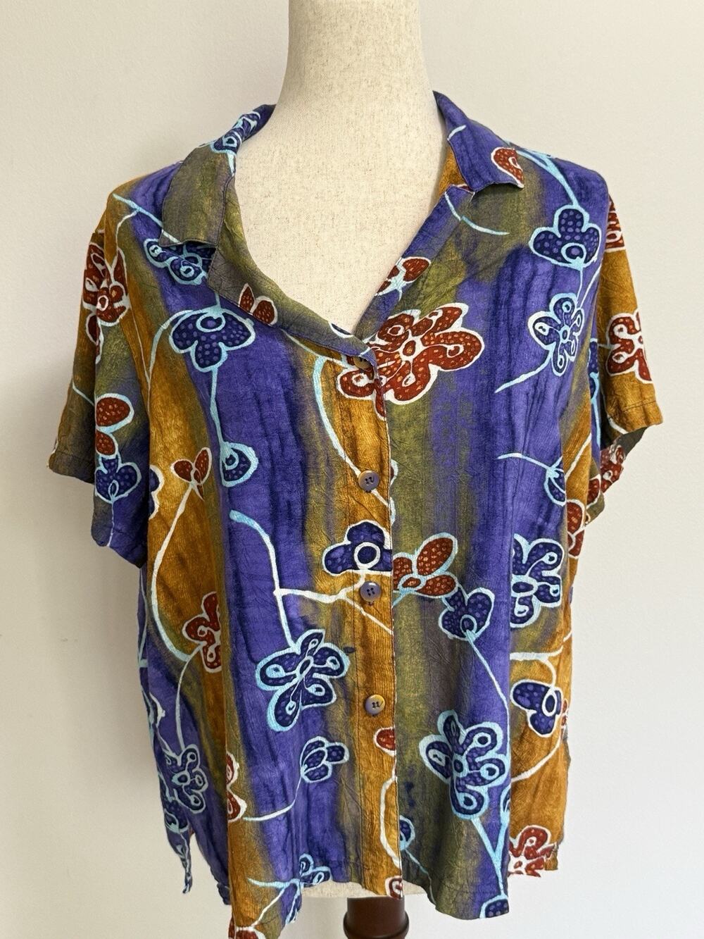 Jams World Womens XL Floral Button Front Shirt Purple Gold Hawaiian Resort Top
